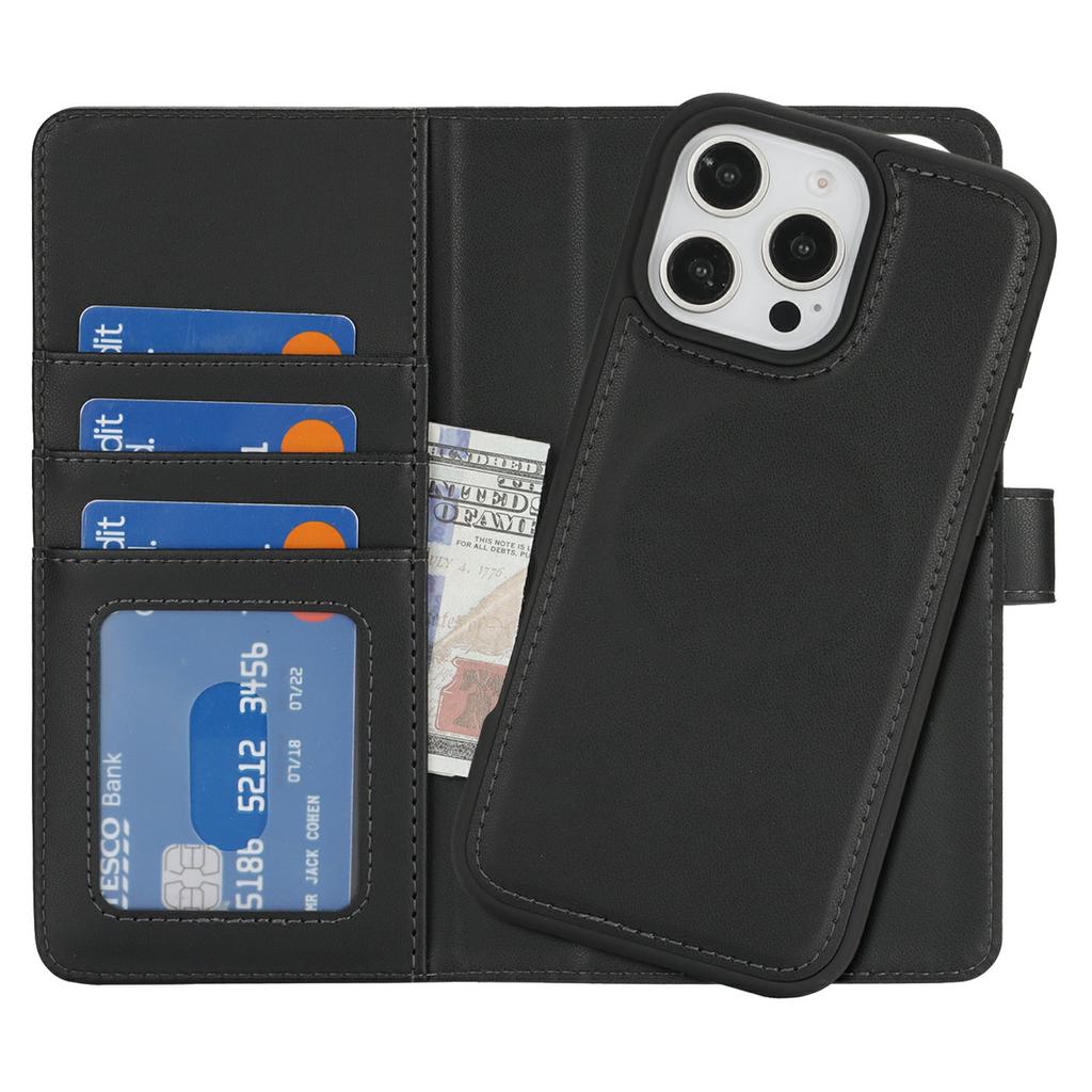 For iPhone 16 Pro Wallet Case Compatible with MagSafe Anti-Drop Detachable PU Leather Phone Cover
