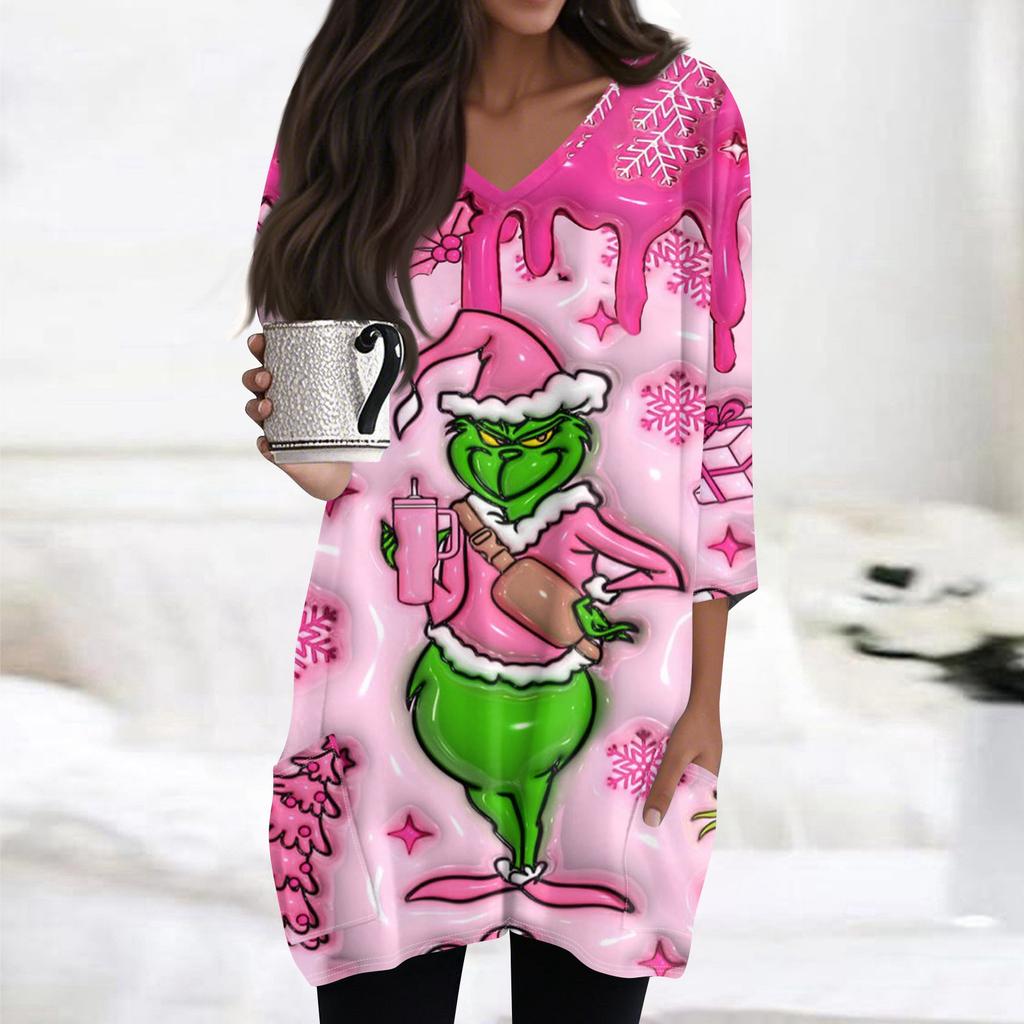 Женские топы с V-образным вырезом и рукавом 3/4, повседневные блузки средней длины, модные туники с рождественским принтом и карманами