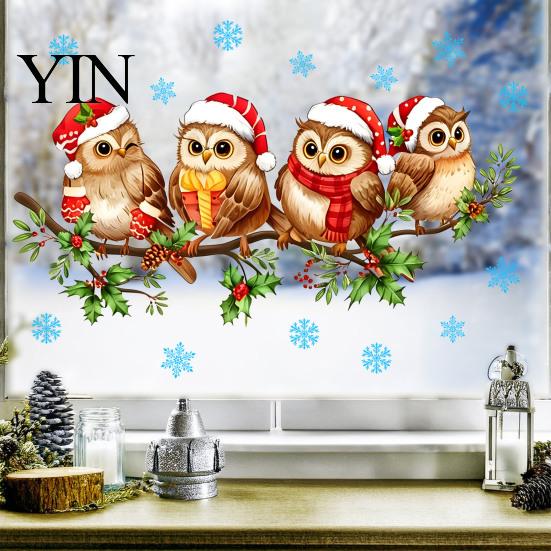 Window Glass Art 1/2 Sheets Christmas Cartoon Owl Cling, Standing on Branch Bird Theme Stickers Static Sticker, Removable Waterproof Decal,
