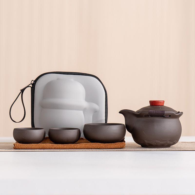 Purple sand travel tea set, hand-held brewing teapot, one pot and three cups, convenient company business activities, practical accompaniment