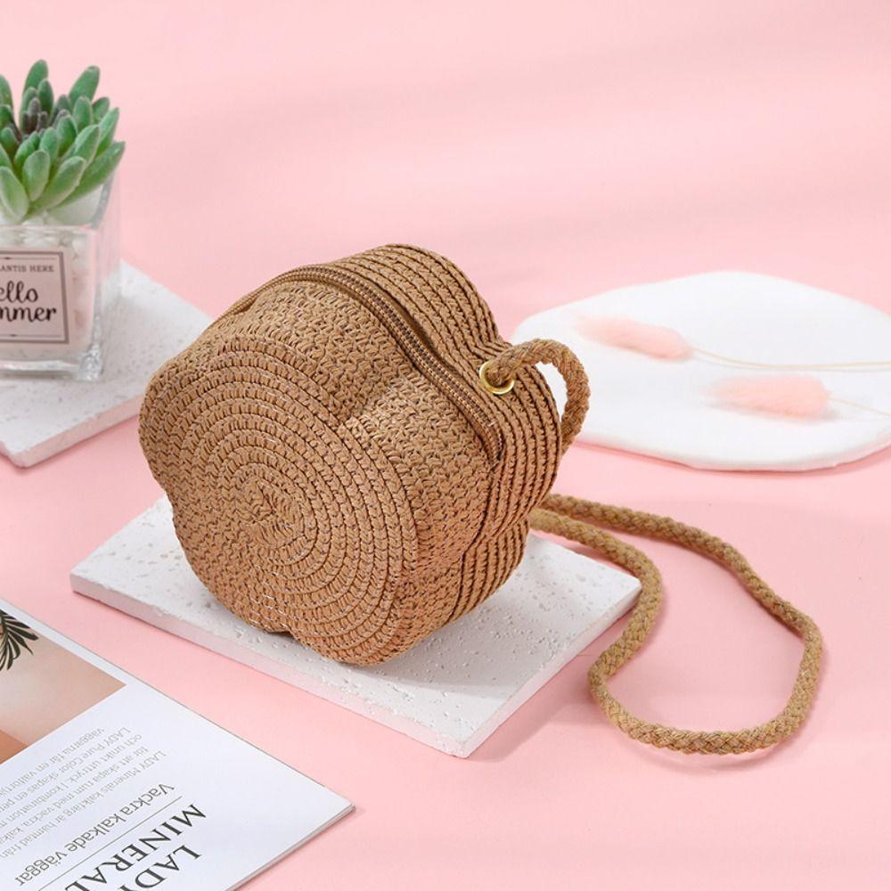 Детские соломенные сумки через плечо, пляжная сумка, кошелек для монет, детская плетеная сумка кроссбоди с цветком