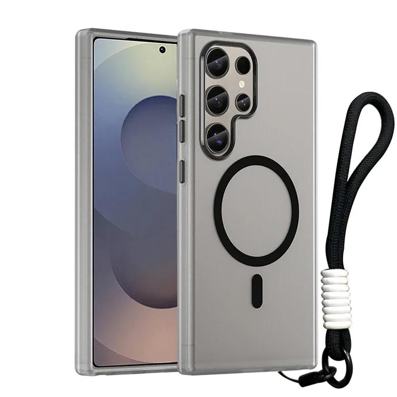 Для Magsafe Матовые Конфетные Чехлы для Телефона с Ремешком на Запястье Для Samsung Galaxy S25 S24 Ultra Plus S24 FE Шнурок Магнитный Ударопрочный Чехол