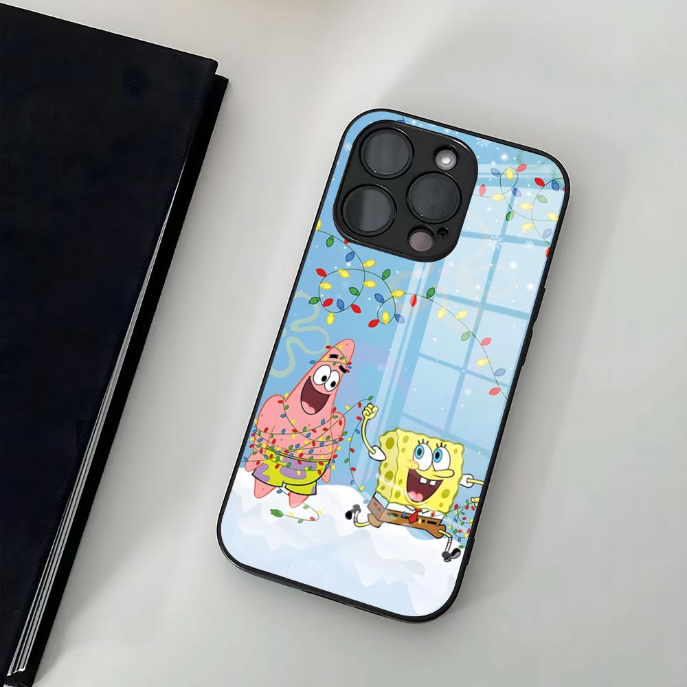 Мультяшный чехол для телефона Губка Боб Для IPhone 17 Air 16 15 14 Pro 13 11 12 XR XS ProMAX 7 8 Plus Стеклянная крышка