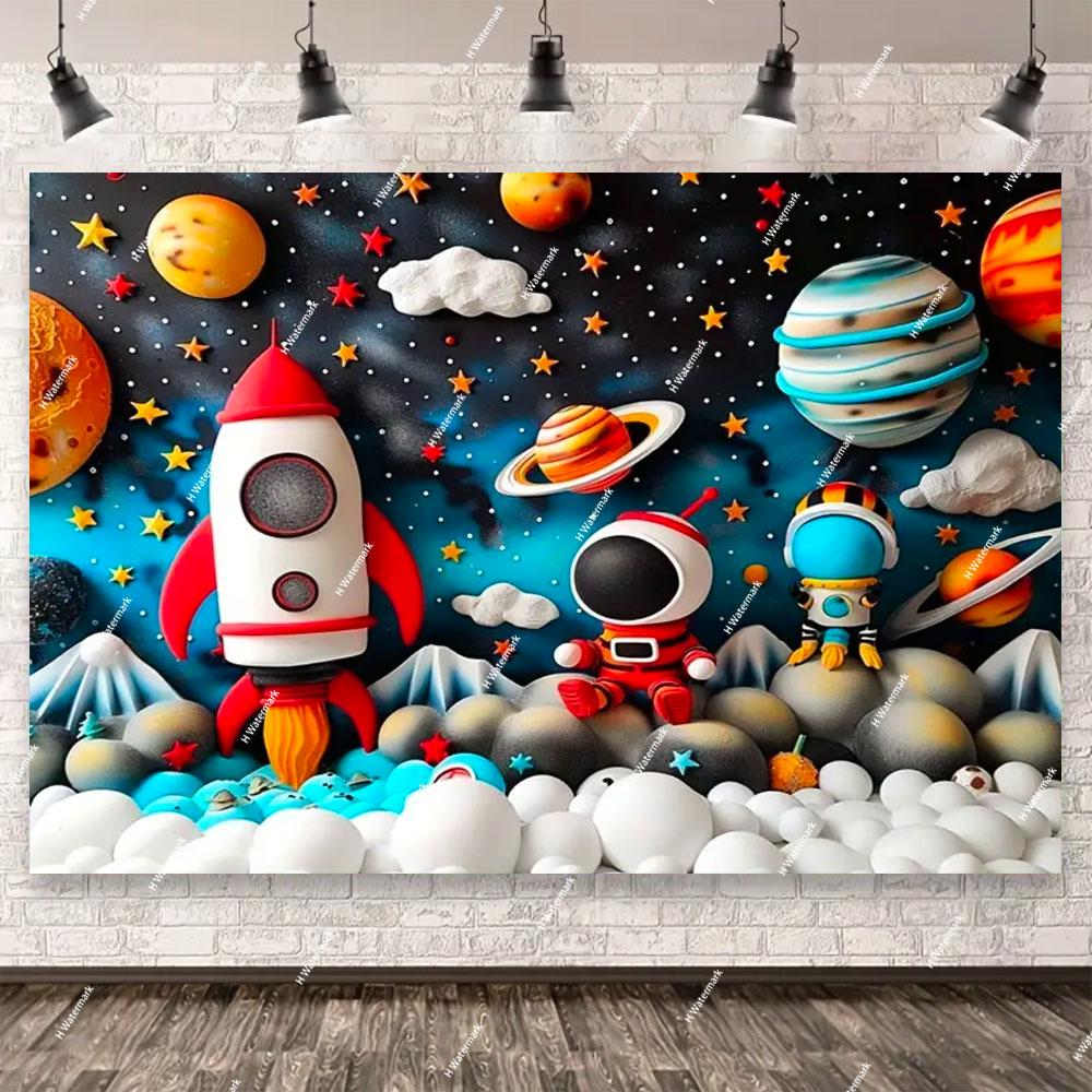 Space Astronaut Birthday Party Background Banner Custom Decoration Rocket Theme Photography Boy Birthday Gift Photo Studio Prop