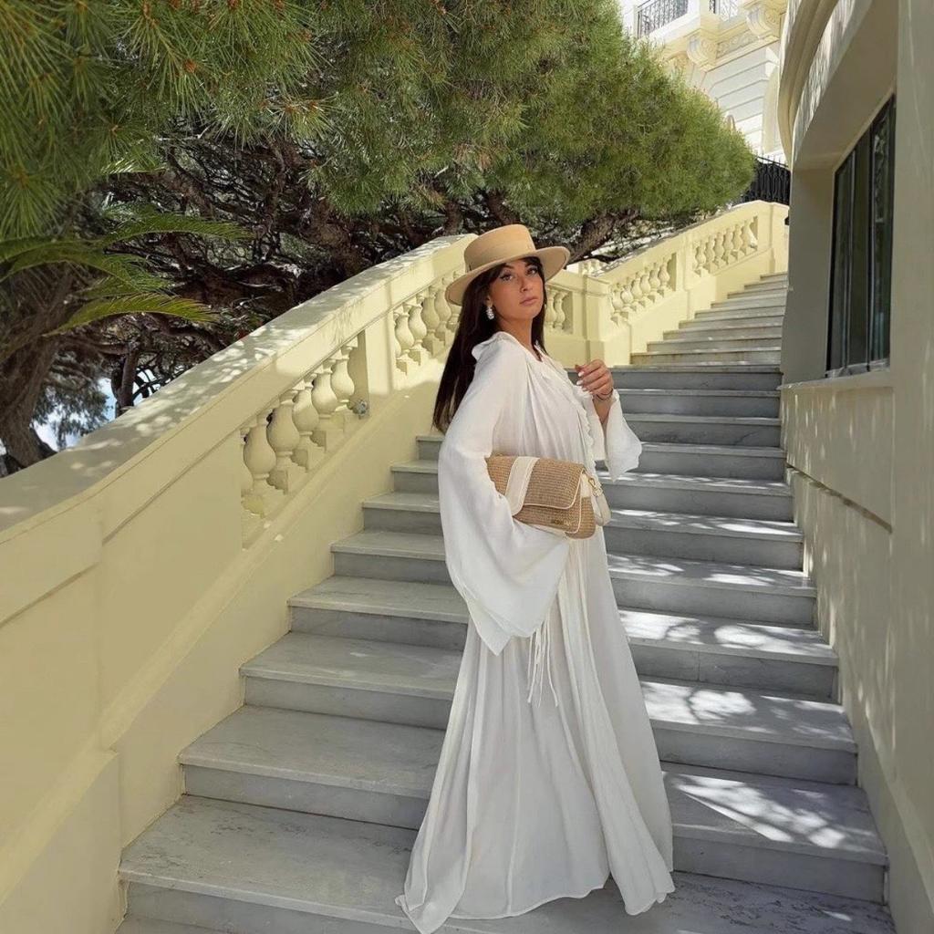 Элегантные белые свободные марлевые длинные платья женские повседневные с V-образным вырезом, расклешенным длинным рукавом, длинные халаты, новое женское уличное офисное платье