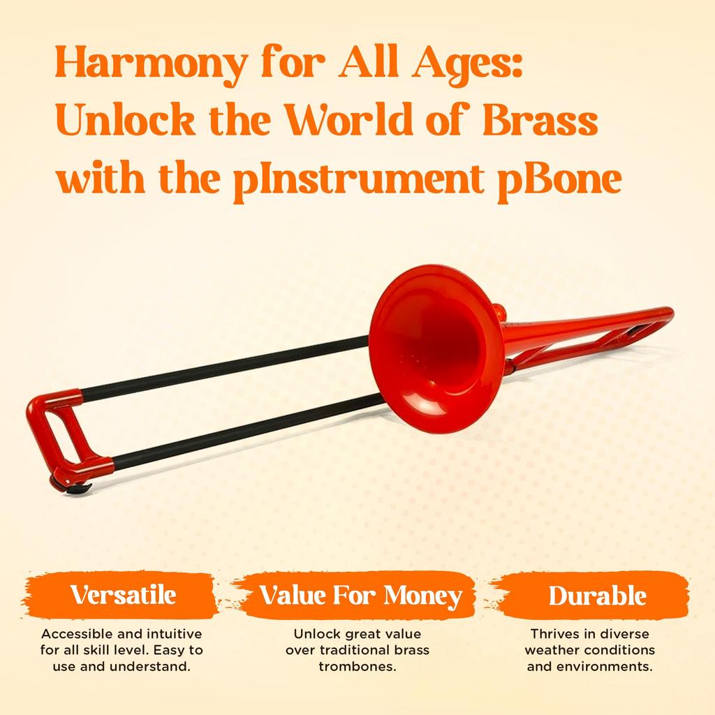 PInstruments pBONE Тенор Тромбон из Легкого и Прочного АБС-пластика с Антибактериальным Красным Мундштуком и Чехлом Bb, Биопокрытие, PBONE1R,