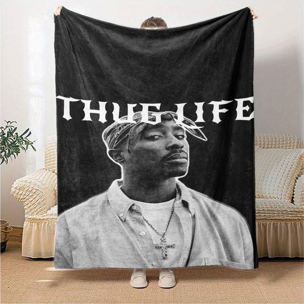 1pc 2PacHip Hop Blanket Soft Lightweight All Season Multi Purpose Throw for Sofa, Bed, Office & Picnics, French Style with Iconic Album Art & Quotes