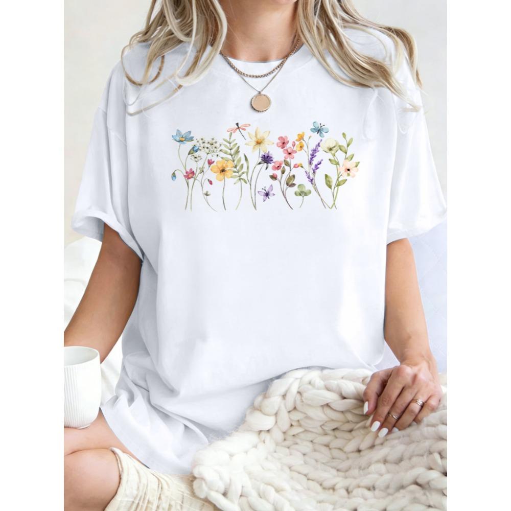 Beautiful Flowers Butterflies Dragonflies Print Women T-Shirt Y2K O-Neck T Shirts Loose Clothes Cotton Summer Streetwear