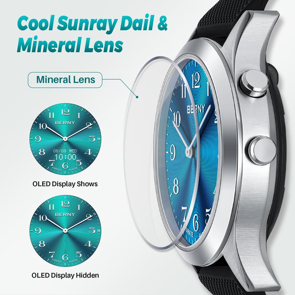 BERNY Vibration Скрытый OLED-дисплей с настраиваемой вибрацией, специально разработанный для пожилых людей и людей с нарушениями слуха, водонепроницаемый до 3 синих часов, часы,