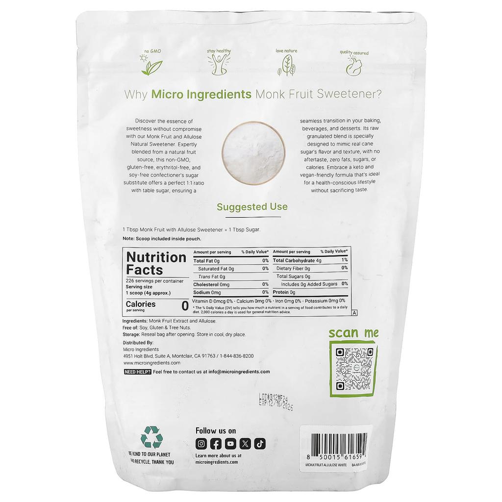 Contains Micro Ingredients, Monk Fruit Sweetener, and Allulose, Classic White, 907g (2lb)