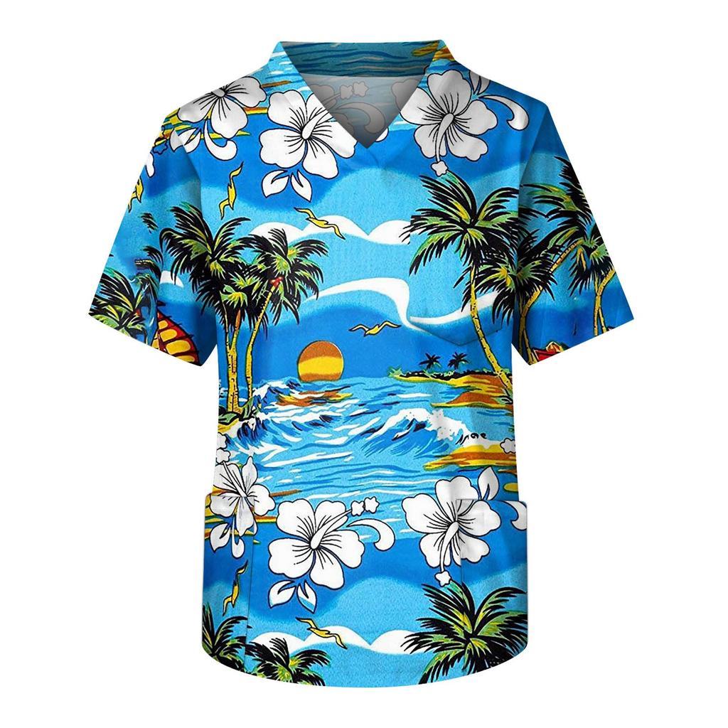 Men's Short Sleeve V-Neck Summer Print Chest Pocket Care Worker Top