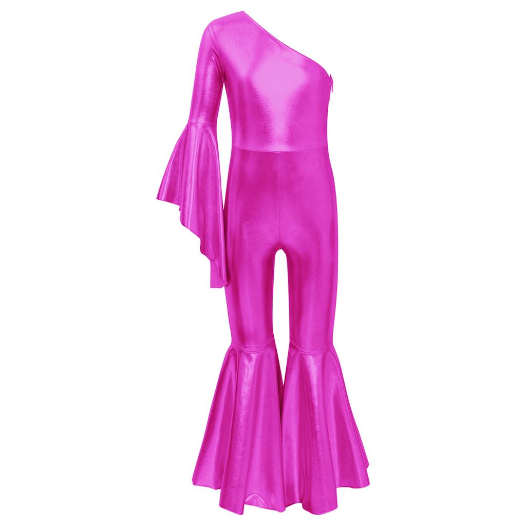 Kids Girls Romper Shiny Metallic One Shoulder Flare Sleeve Bodysuit Dance Jumpsuit Gymnastics Figure Skating Dance Wear