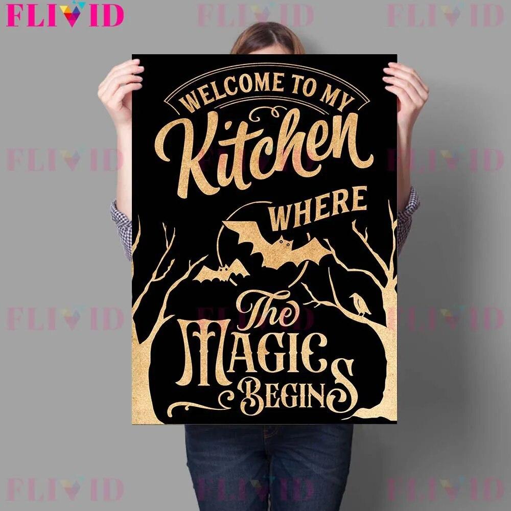 Ведьмы Кухонные правила и травы Волшебные блюда Винтажная настенная живопись на холсте Волшебный знак и кошки Ведьмы заклинания Плакат с принтом без рамки