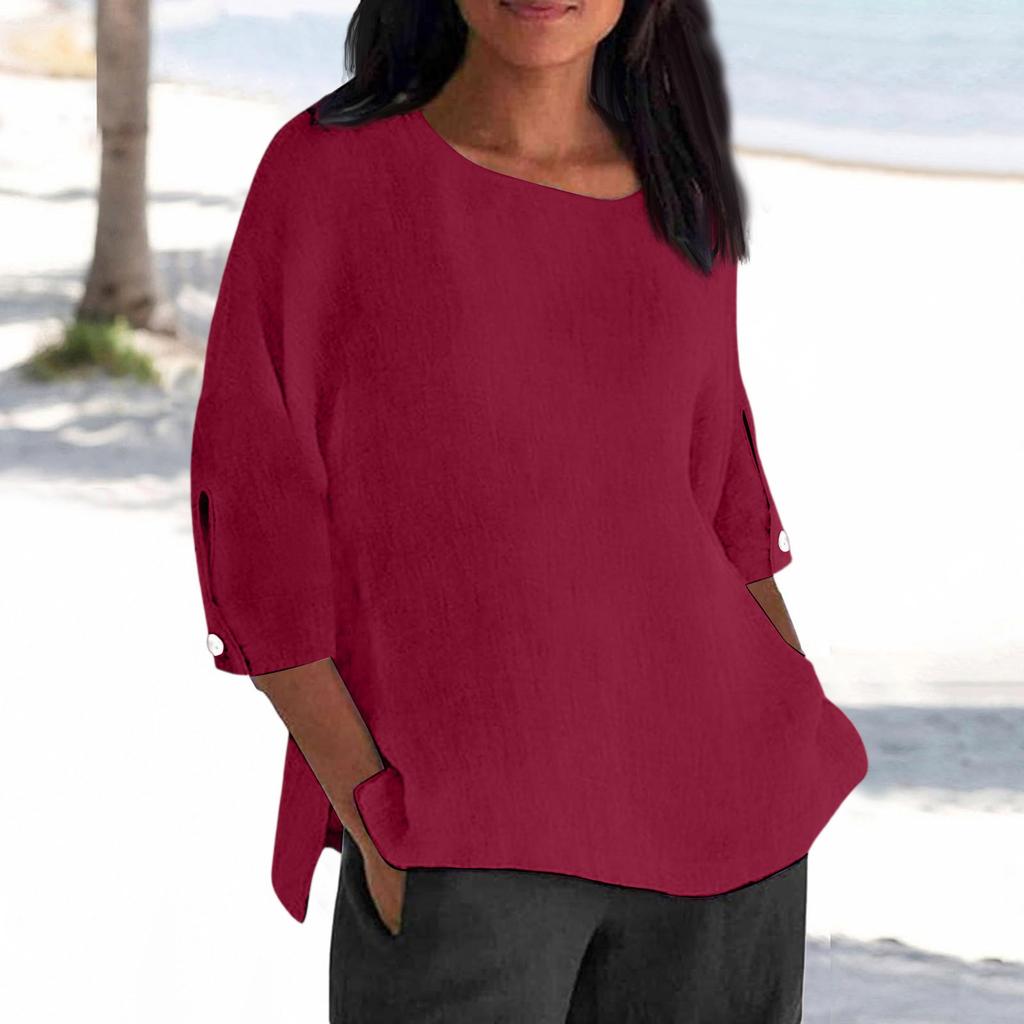 Women's Fashion Seven-Quarter Sleeve Round Neck Solid Color Loose Casual Shirt Tops