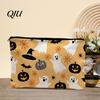 Washable Digital Print Pouch Storage Bag, with Halloween Pumpkin Ghost Print, Smooth Cute Castle Pencil Case Zipper Canvas Makeup for Travel Cosmetic