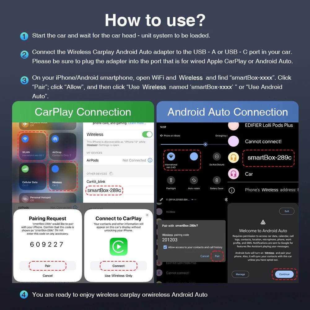 Беспроводной адаптер 2 В 1 CarPlay Android Auto, проводной адаптер CarPlay для iPhone, беспроводное управление, Plug & Play CarPlay