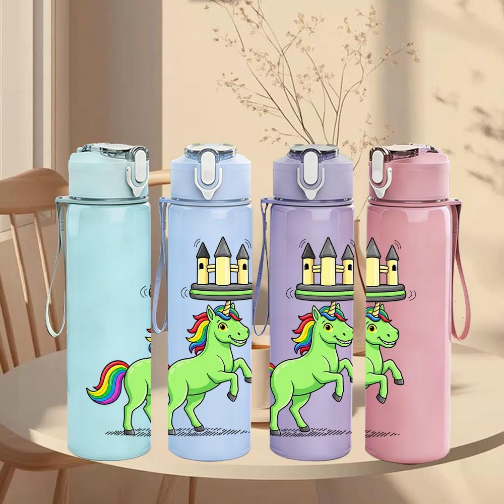 1PC Rainbow Horn Unicorn Cartoon Art 750ml Color Plastic Sports Water Bottle Leakproof Flip Straw Lid Suitable for Sports Office Home Use