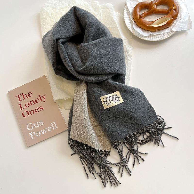 Thickened Double-Sided Fringed Scarf Pure Color Cashmere-Style Women'S Fashionable Student Two-Purpose Shawl Autumn Winter Korea
