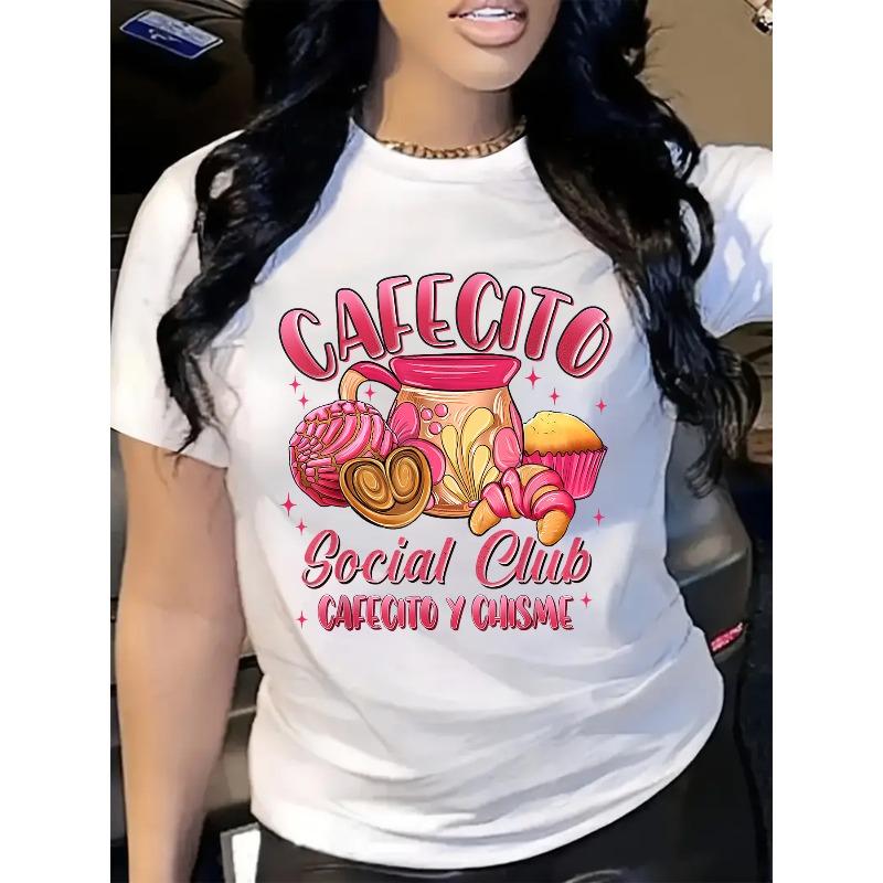 Европейский размер Плюс размер, Женская футболка с принтом "Cafecito Social Club" Кофе и Торт - Повседневная, Круглый вырез, Короткий рукав, Эластичная смесовая ткань из полиэстера