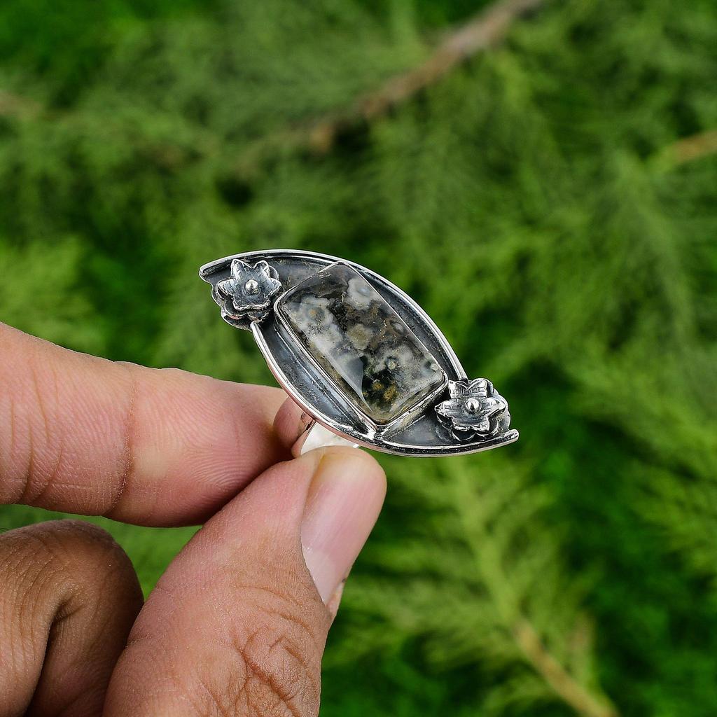 Natural Ocean Jasper 925 Silver Multi Stone Flower Adjustable Ring For Girls