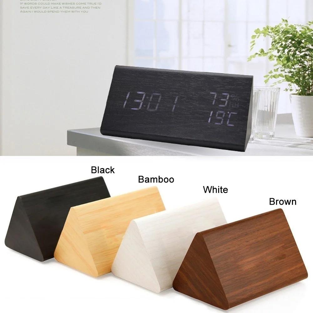 Современный цифровой деревянный светодиодный будильник, звуки управления, комнатный термометр, гигрометр, декор для рабочего стола
