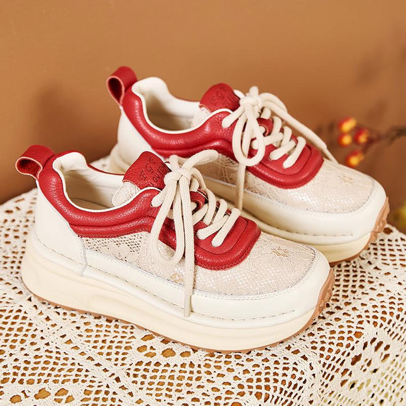 Fashion GKTINOO Sneakers Women Hollow Genuine Leather Retro Flats Thick Soled Lace-Up Summer Lady Handmade Flat Casual Shoes Women