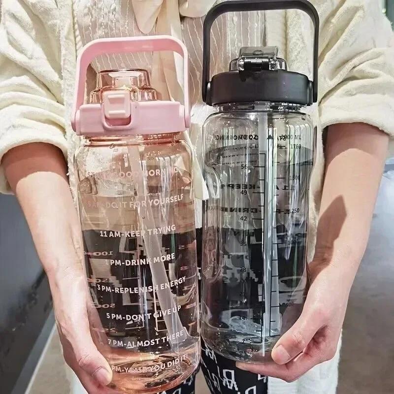 2 л Соломенная бутылка для воды Большой емкости Пластиковый стакан для воды Портативная бутылка для напитков с отметкой времени для занятий спортом на открытом воздухе