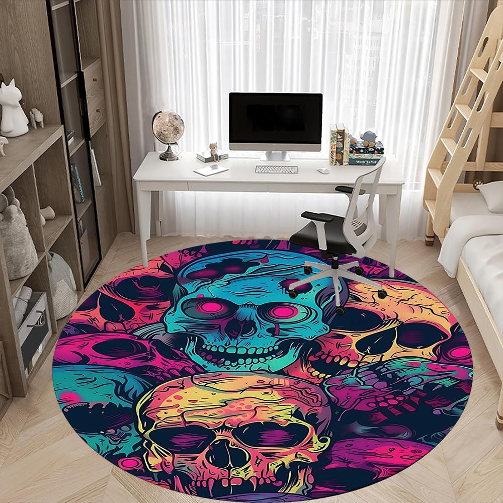 1PC Skull Vibrant Office Round Area Rug, Mat Suitable For Office, Under Office Chairs Bedroom Living Room Home Decor, Room Deco