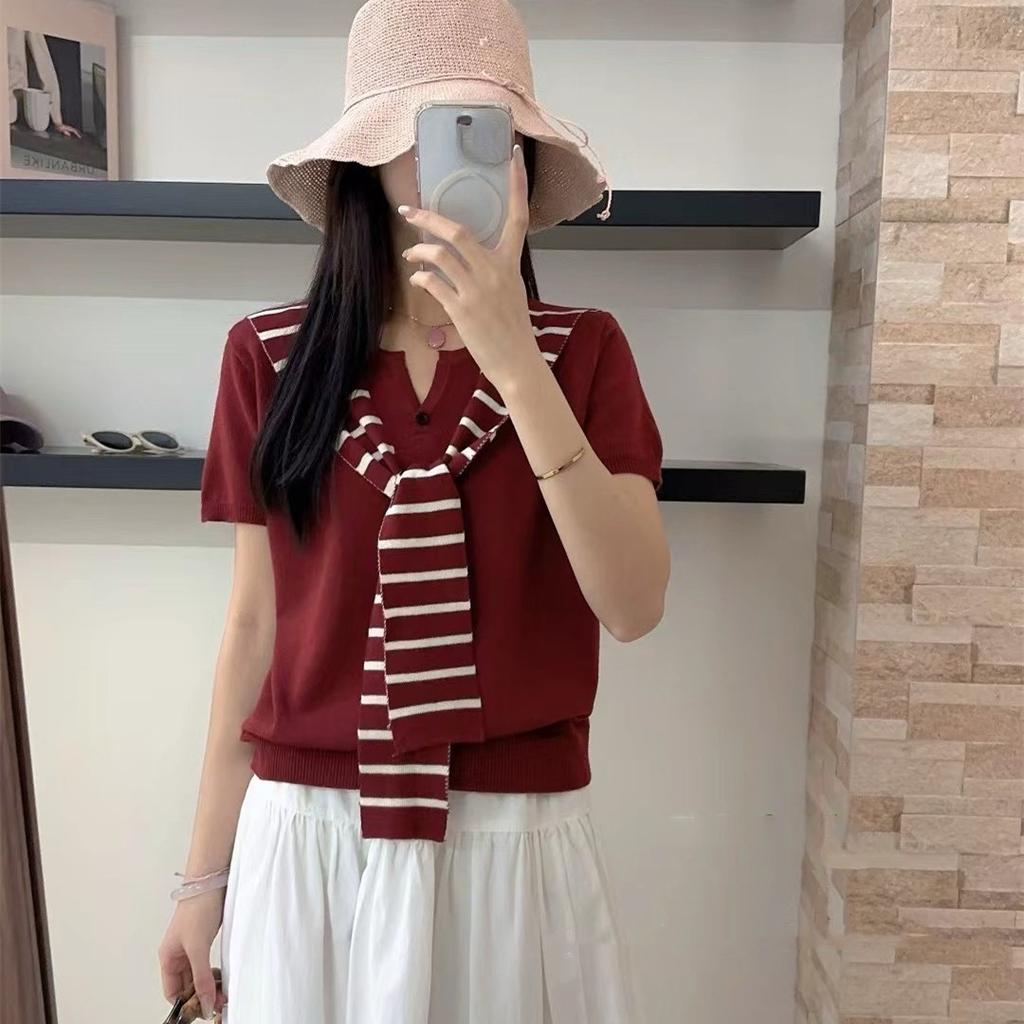 Полосатая шаль, имитация двухсекционного свитера, универсальный повседневный трикотажный топ с коротким рукавом для весны и лета, женская одежда, желтые топы