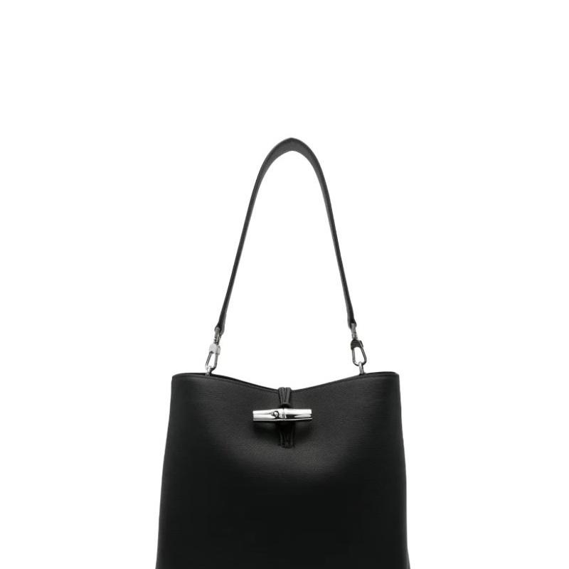 Longchamp Le Roseau Solid Metallic Bamboo Grained Cowhide HOBO Bag Shoulder Bag Medium Women's Black 10315HFP001