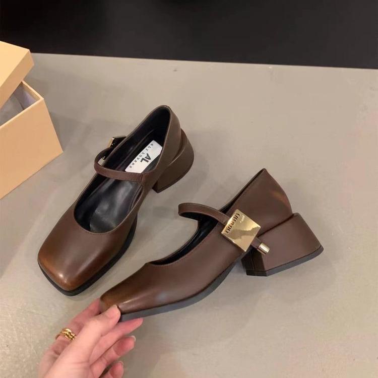 Туфли на толстом каблуке, женские весенние туфли на высоком каблуке, ретро-туфли с квадратной головкой и пряжкой в виде слова, женские туфли Мэри Джейн
