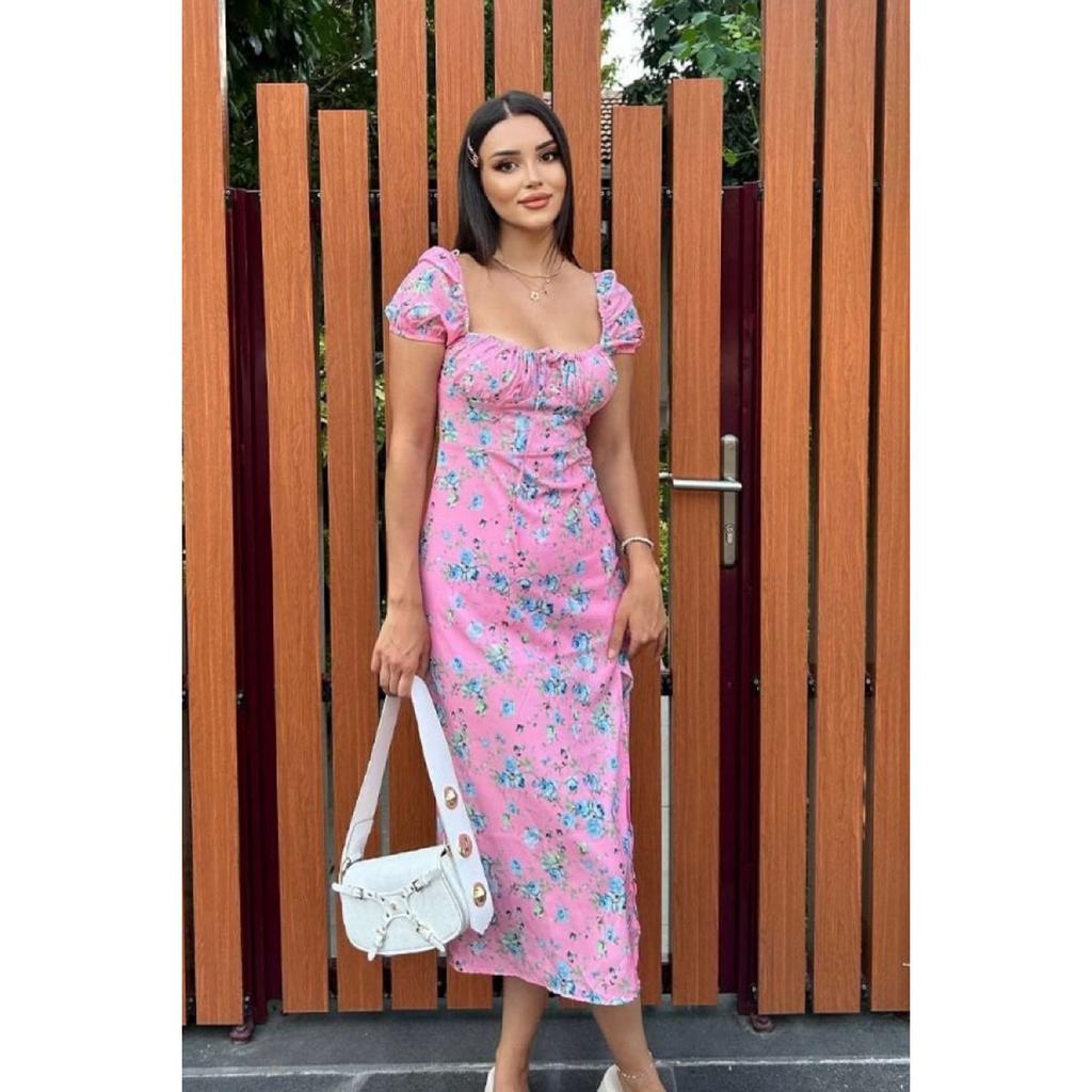 Women's Slit Loose Cut Skirt Collar Tie Detail Short Sleeve Blue Floral White Summer Dress