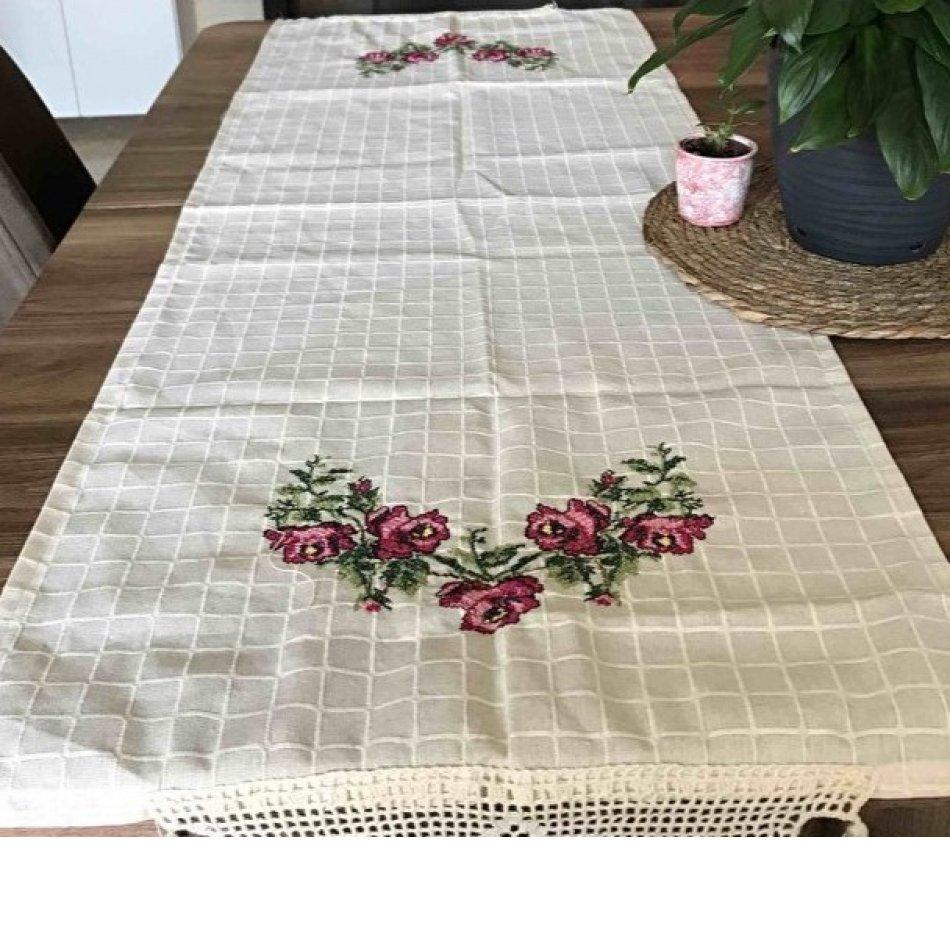 Хлопковая скатерть с кружевом ручной работы и вышивкой на холсте