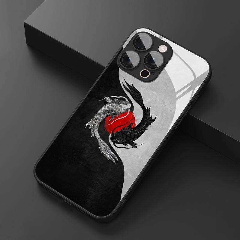 Чехол для телефона со стеклянным корпусом и узором «Рыба Кои в стиле Арт Тайцзи» для iPhone 17 16 15 14 Pro Max 13 12 11 Pro 17 Air 16E 7 8 Plus XR XS X