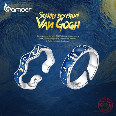 Ювелирные изделия BAMOER, эмалированные кольца Ван Гога, стерлинговое серебро 925 пробы, блестящее небо, золото, луна, звезда, холст, кольцо
