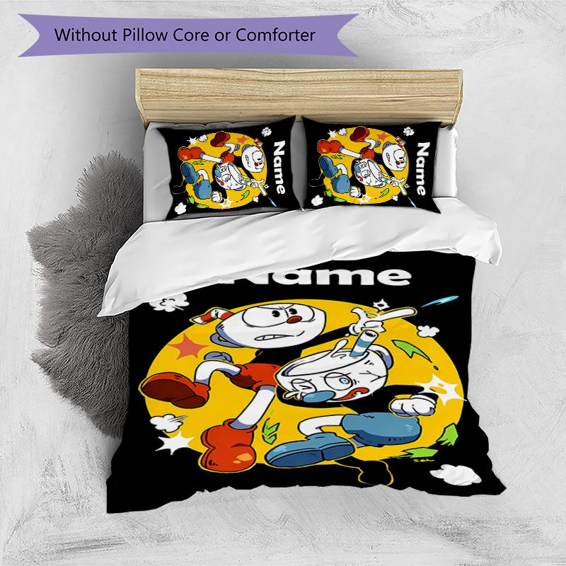 3pcs Custom Name Cuphead Bedding Set Duvet Cover Closure Includes 1 Duvet Cover & 2 Pillowcases for All Seasons Bedroom Decor