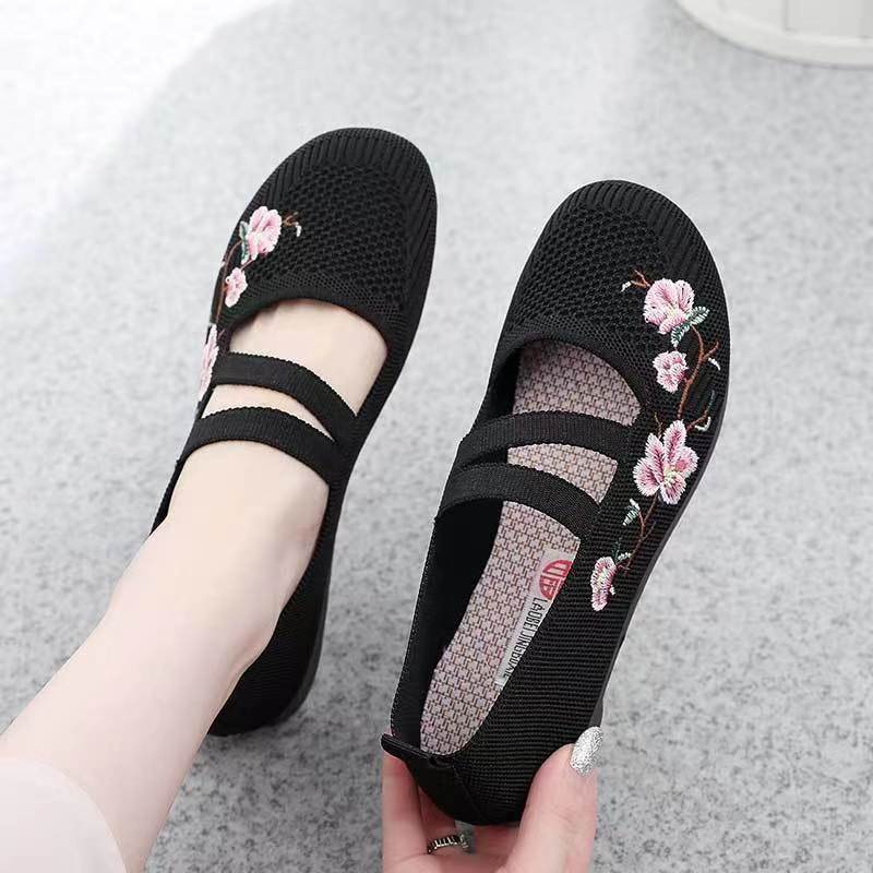 Purple Emboridery Flower Mary Janes Shoes for Women Comfy Summer Mesh Loafers Ladies Casual Ballet Flats Mom Gift Shoes