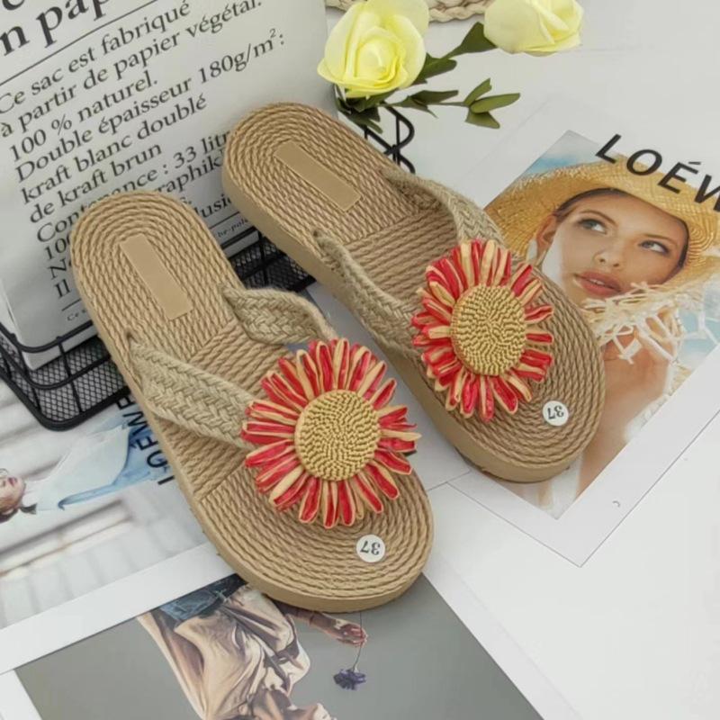 Ethnic Braid Women's Hemp Sandals Trendy Outdoor Flip-Flops Fashionable Flower Beach Toe Post Slippers