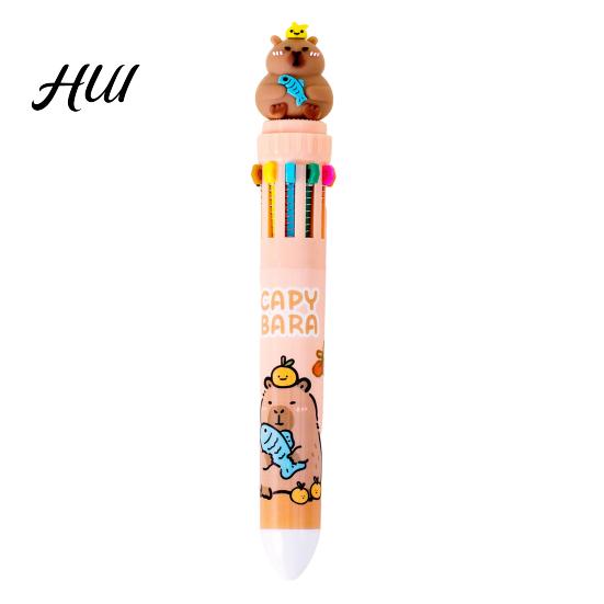 Cartoon Capybara Gel Ink Pens Multicolor 10-in-1 Ballpoint Pen, Cute Push-Type Writing Office Supplies Pen Ten Colors in One Retractable for
