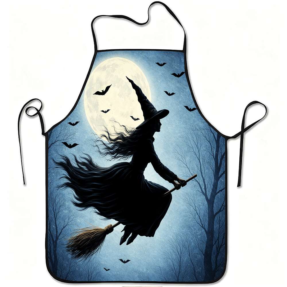 1pc Flying Witches & Bats Print Apron - Magical Witch Costume Apron Durable Easy-Clean Polyester