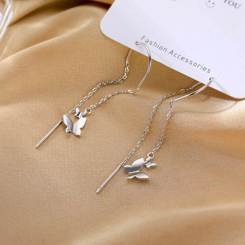 925 Sterling Silver Tassel Link Chain Butterfly Pendent Drop Earring For Women Girls Wedding Party Elegant Jewelry Eh275