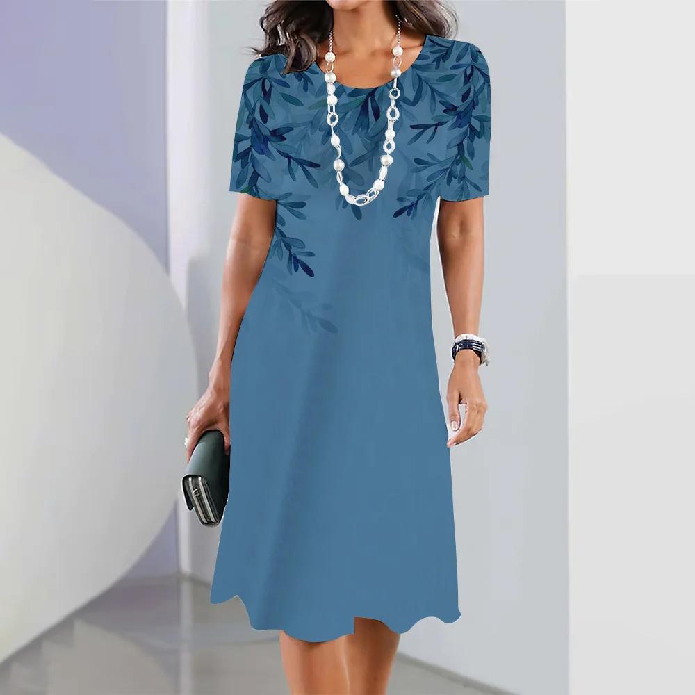 Short Sleeves Woman Clothing Party Classy Dresses 3d Flowers Print Dress Round Neck A-Line Skirt Loose Pullover Women's Clothing