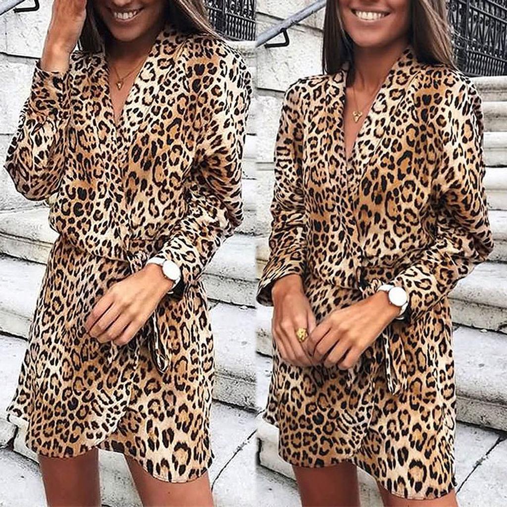 Women  Slim  Long Sleeve Leopard Printing V-Neck Bandage Irregular Dress