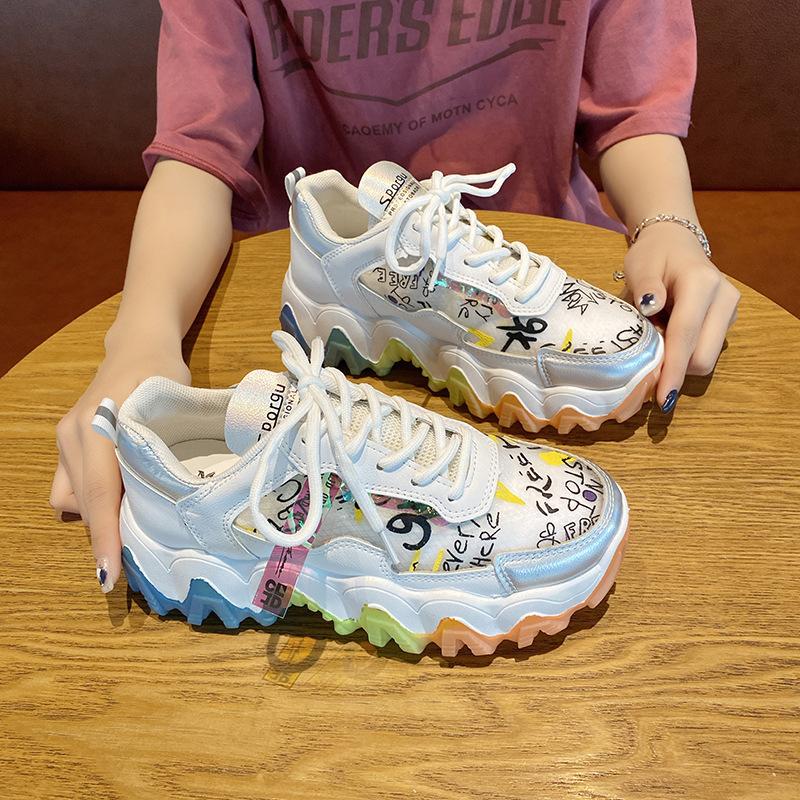 Fashion Rainbow Color Women Chunky Sneakers 7cm Lace-up Platform Casual Shoes Woman Vulcanize Shoes Designer Dad Sneakers