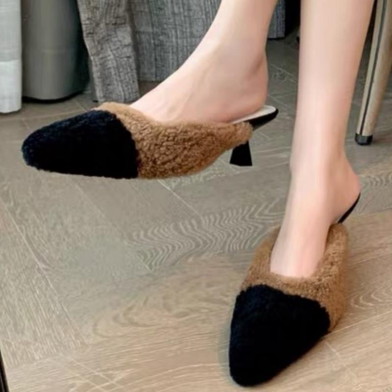 Women High Heels Fur Slippers Home Cotton Shoes Winter Plush Warm Pointed Toe Shoes 2025 Trend Casual Flip Flops Zapatos Mujer