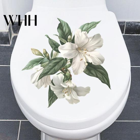 Lily Pattern Toilet Decal White Leaves Sticker Removable Self-adhesive Waterproof PVC Living Strong Adhesive Room Wall Art Floral Bathroom Lid