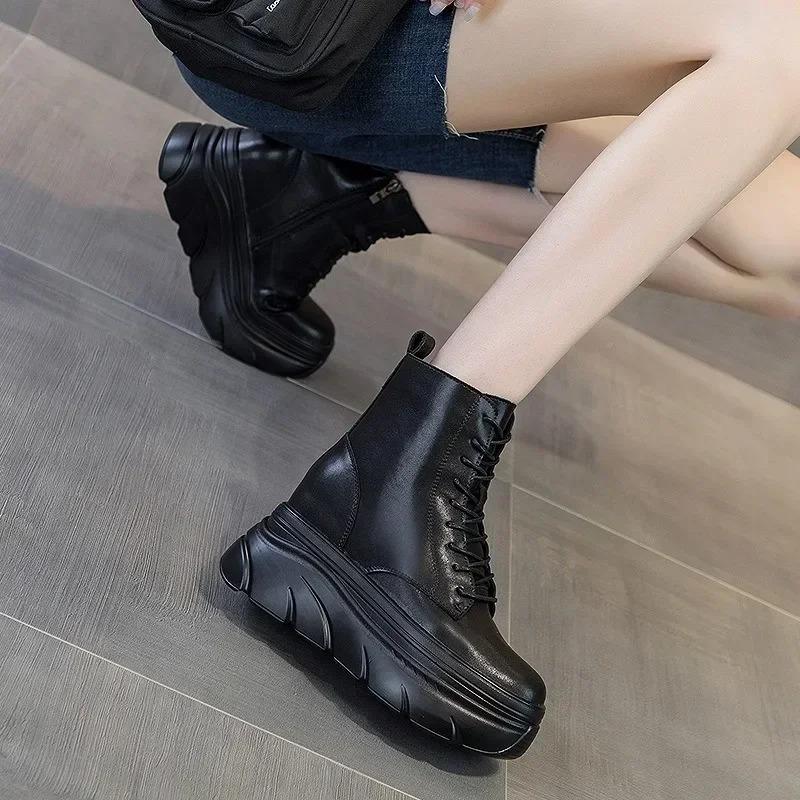 Women White Ankle Boots Increase Height Thick Sole Winter Outdoor Leisure Shoes For Girls Spring Autumn Motorcycle Booties Mujer