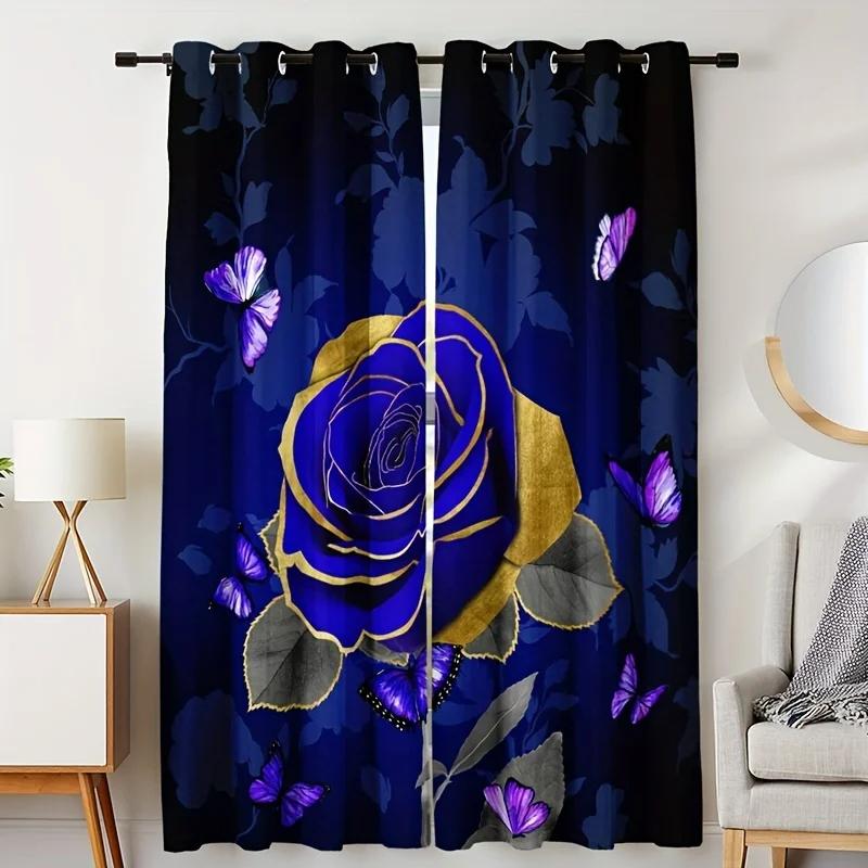 Blue Rose Butterfly High Shading Drapes Fashionable Printed Drape ideal for Bedroom Space Space Kitchen Area and Living Room Home Decor 2 Panels1