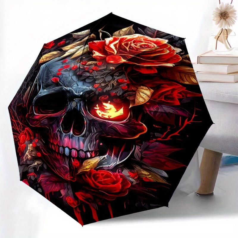 1pc Floral Skull Automatic Open/CloseUmbrella,Compact Umbrella for Men & Women Day Gift.W046