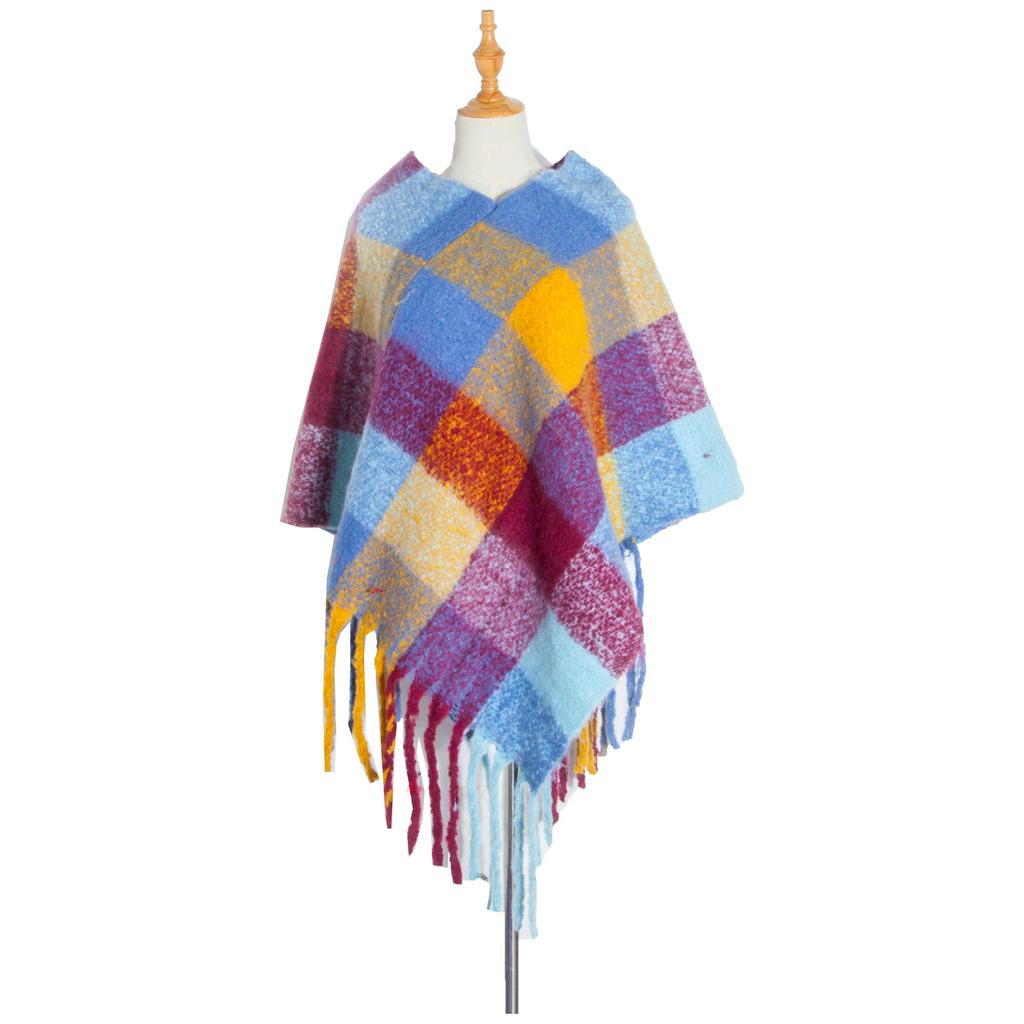 Зимняя женская круглая пряжа, толстая накидка с кисточками, толстый цветной клетчатый шарф-шаль